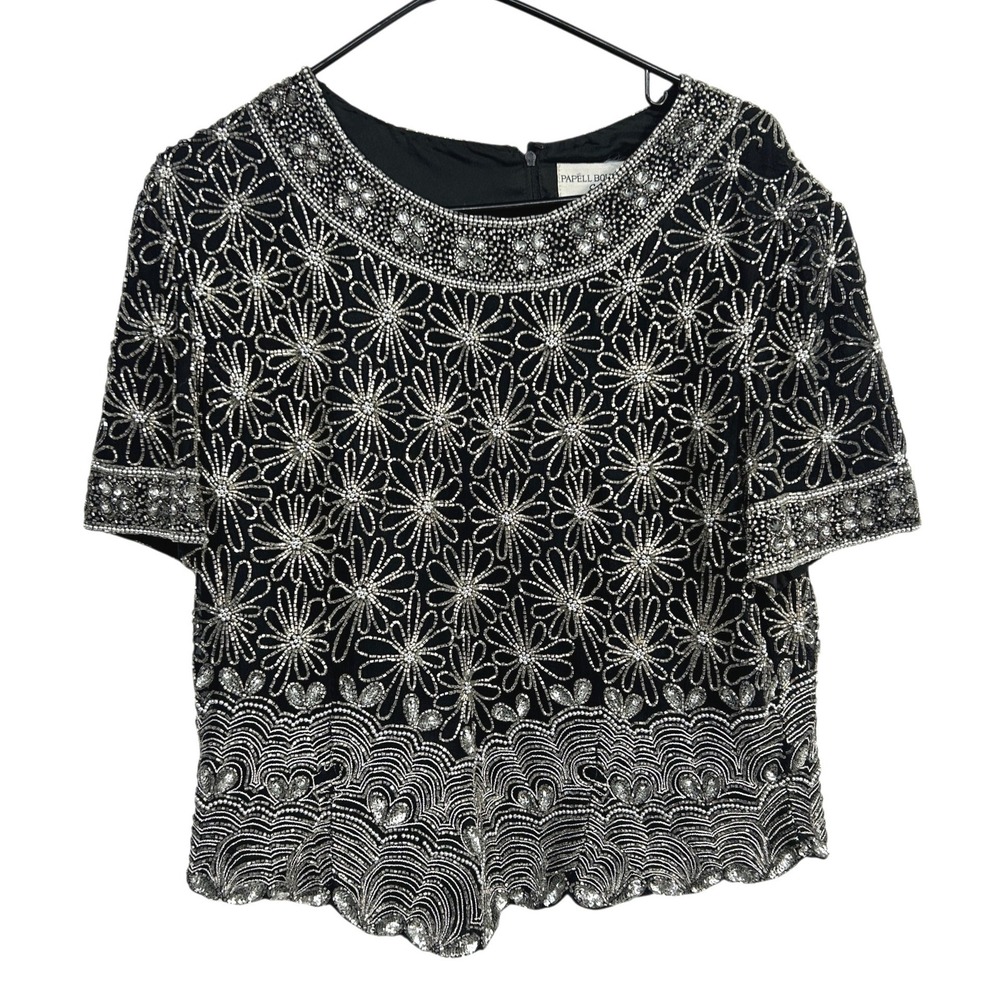 Papell Boutique Evening Beaded Silk Floral‎ Top XL Black Silver Glam Art Deco
